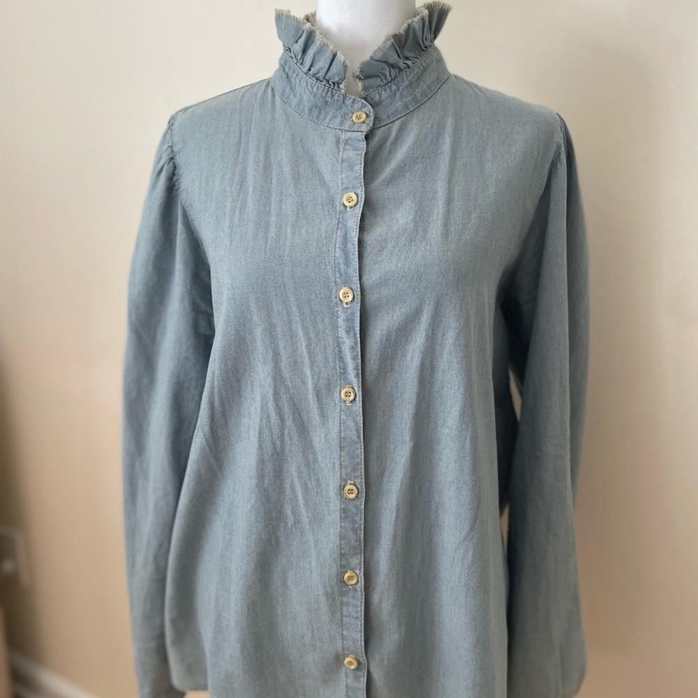 Light Blue Ruffle Collar Button-Down Shirt